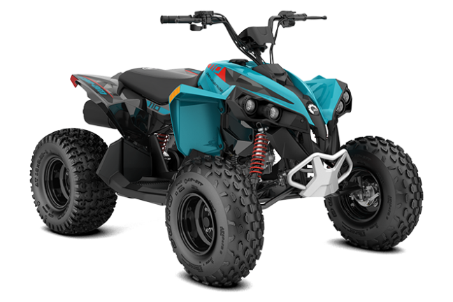Blue and black all-terrain vehicle with four wheels and handlebars.